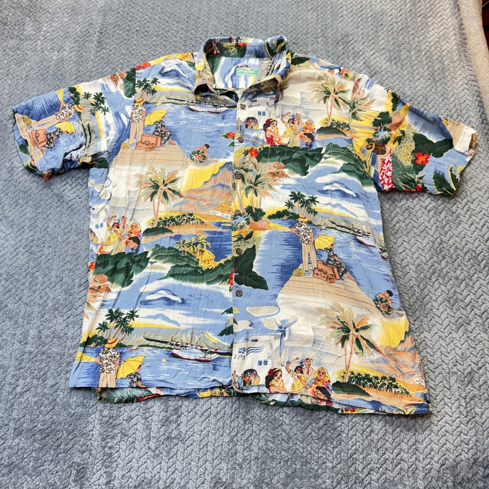 Reyn Spooner Hawaiian Shirt XL Honolulu Clipper Tropical Hula Print‎ Vintage